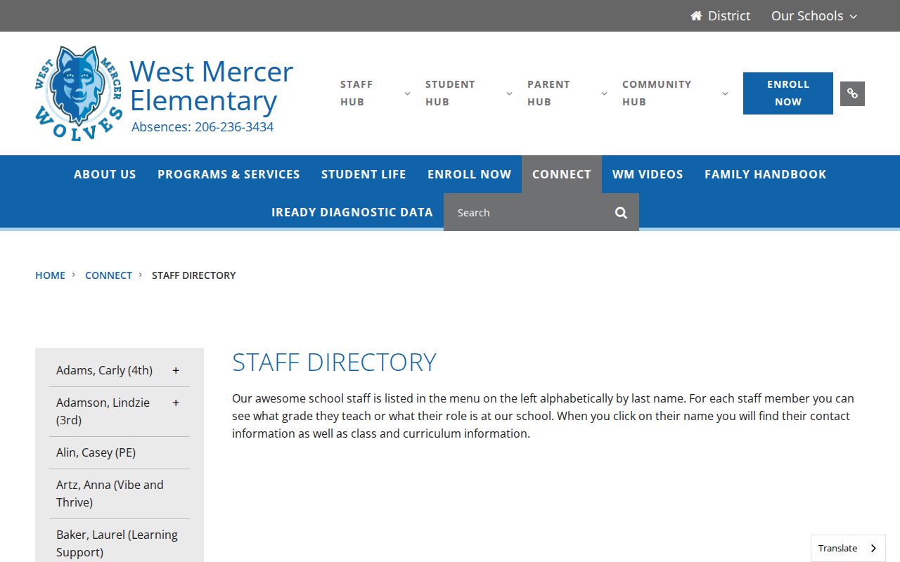 West Mercer Elementary alphabetical staff directory