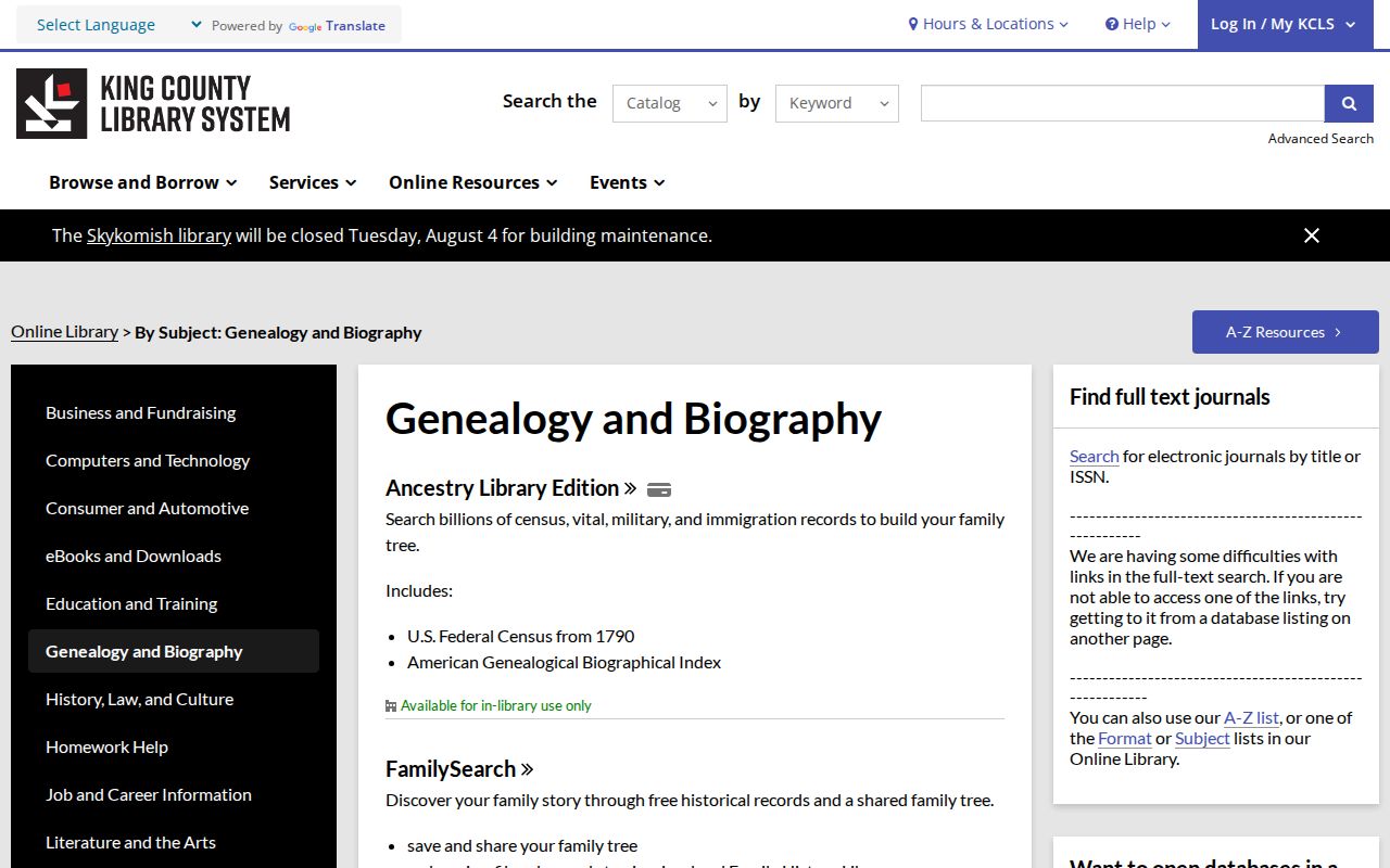 King County Library System genealogy and biography research resources