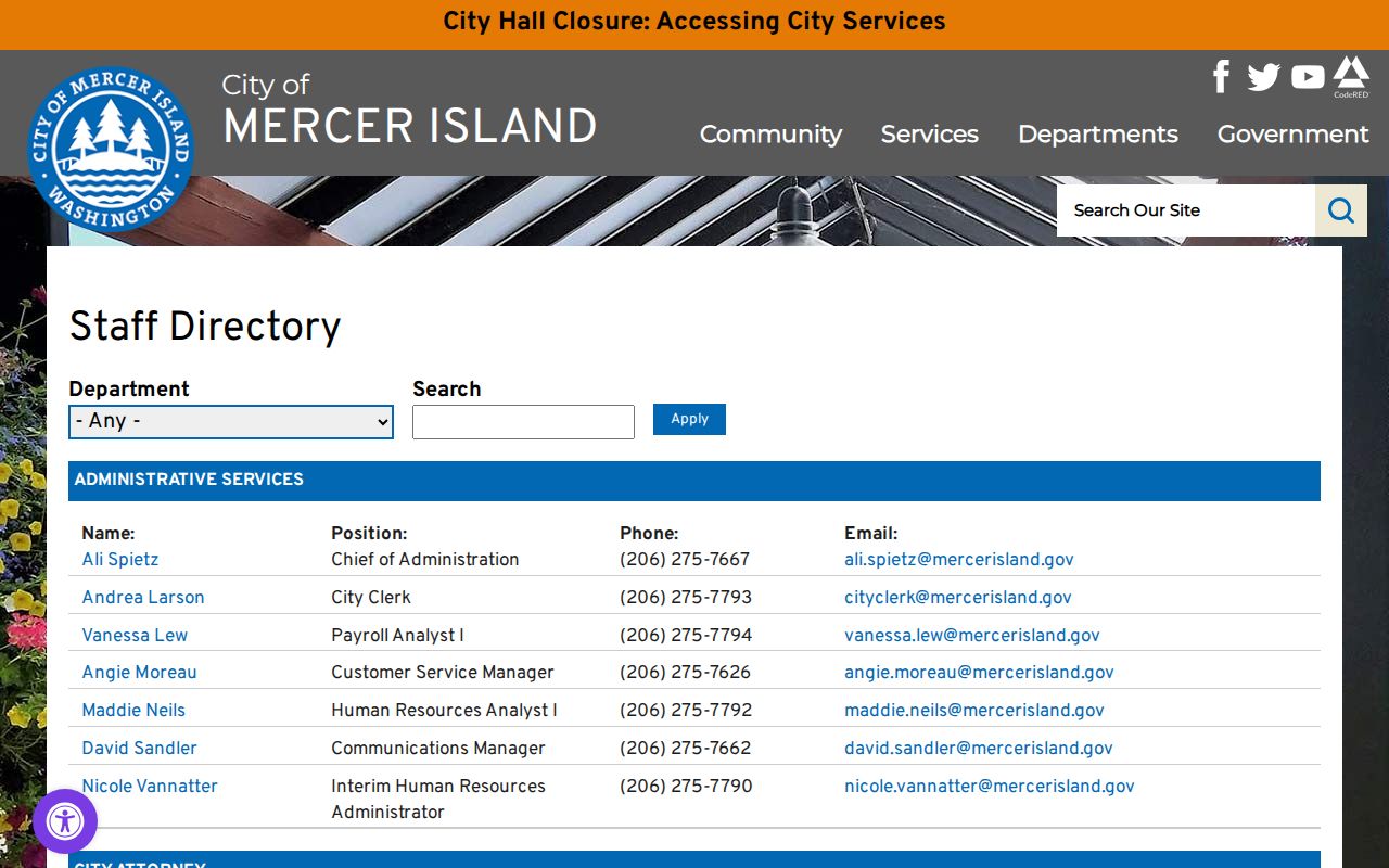 Mercer Island city staff directory with department filters and employee entries
