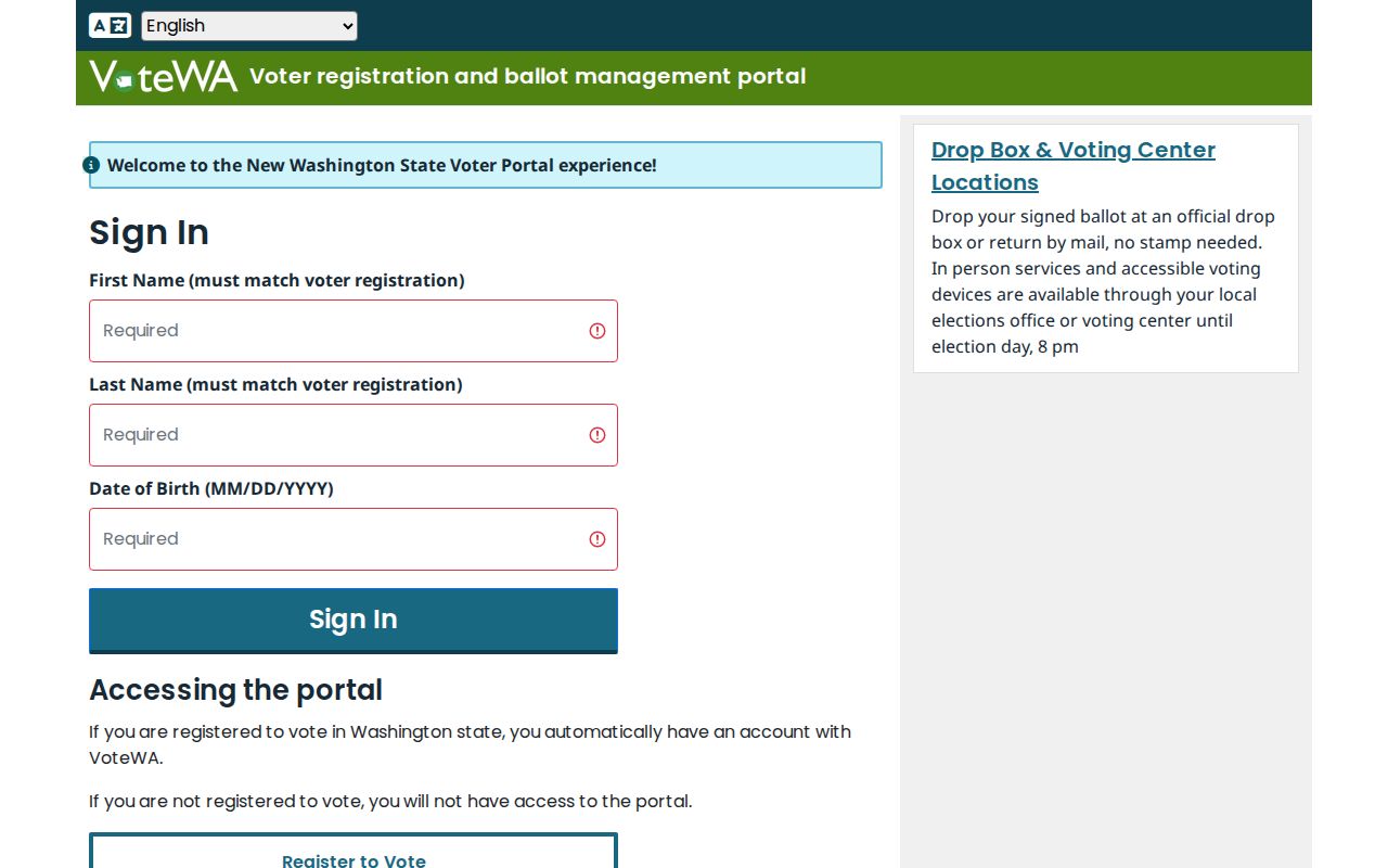 Mercer Island voter registration lookup fields in VoteWA